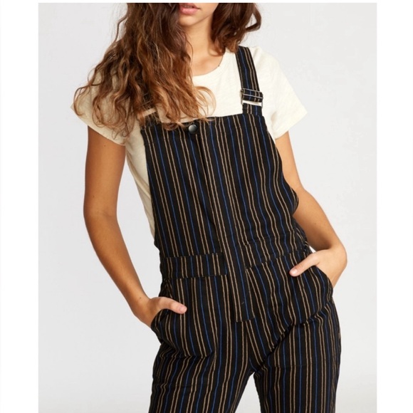 NWT RVCA Overland Striped Black Overalls w Stretch MSRP $85 Front Zip Tapered - Picture 4 of 15